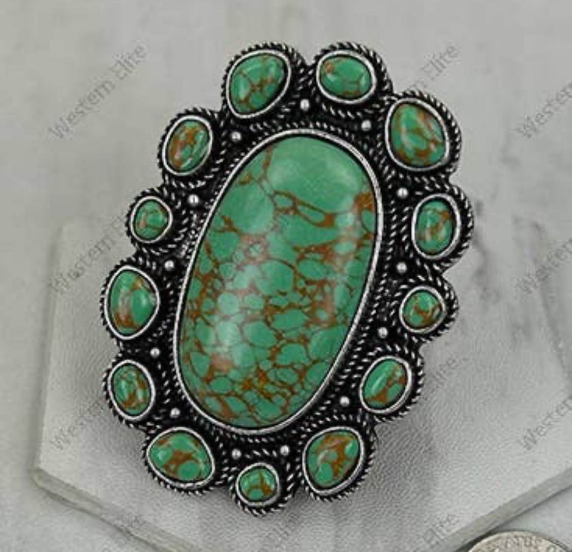 Silver Metal with Green Turquoise Stone Oval Ring