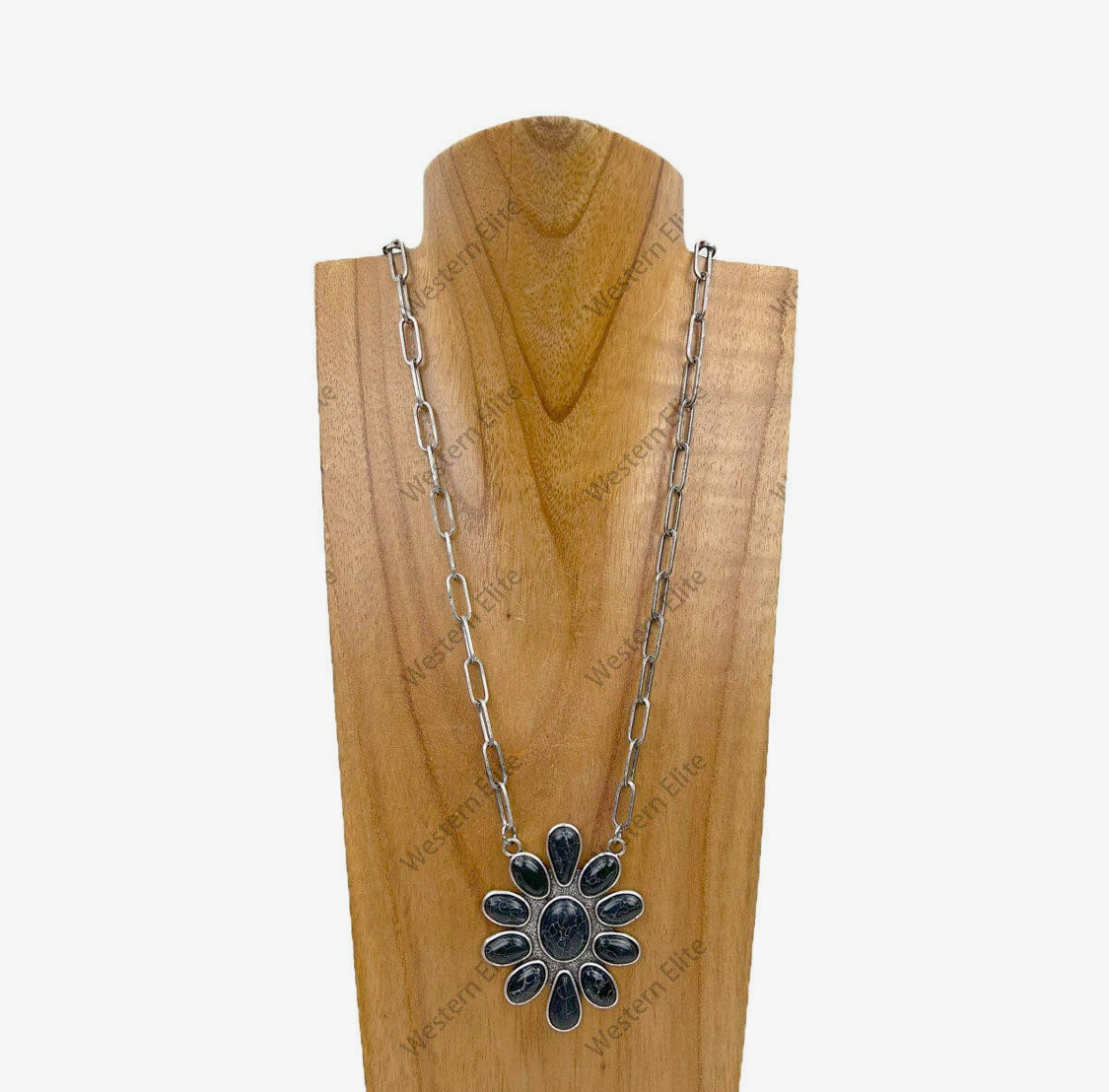 23" Silver Metal Chain with Large Blue Turquoise Stone Flower Combo