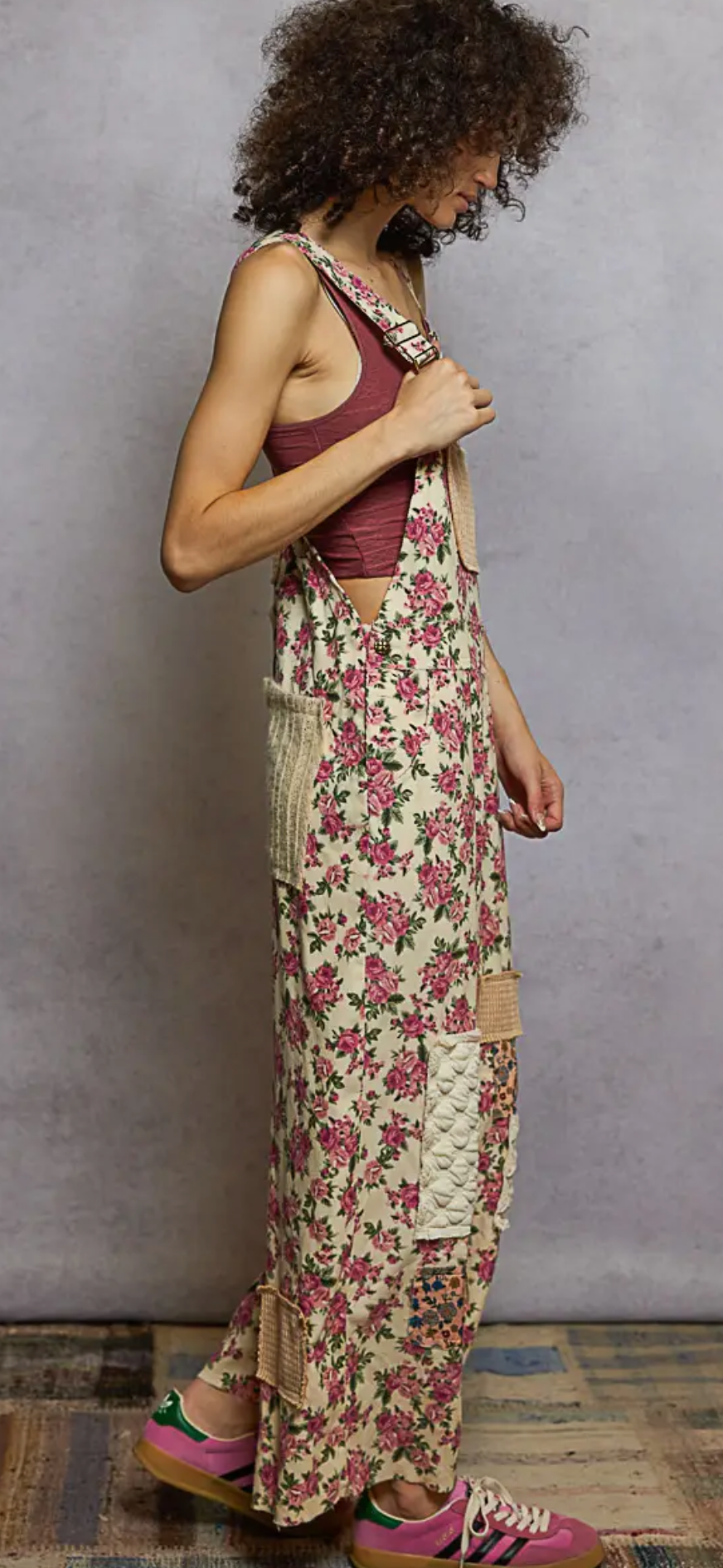 Sleeveless Printed Corduroy Varied Patchwork Overalls-cream