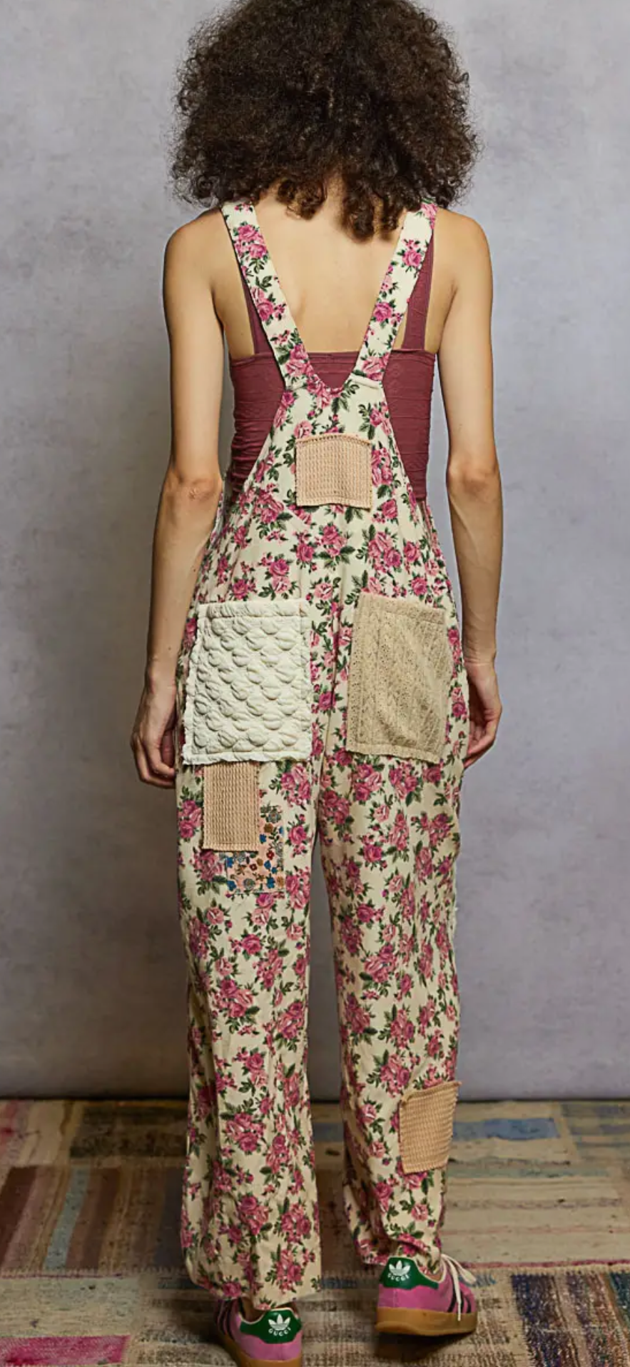 Sleeveless Printed Corduroy Varied Patchwork Overalls-cream