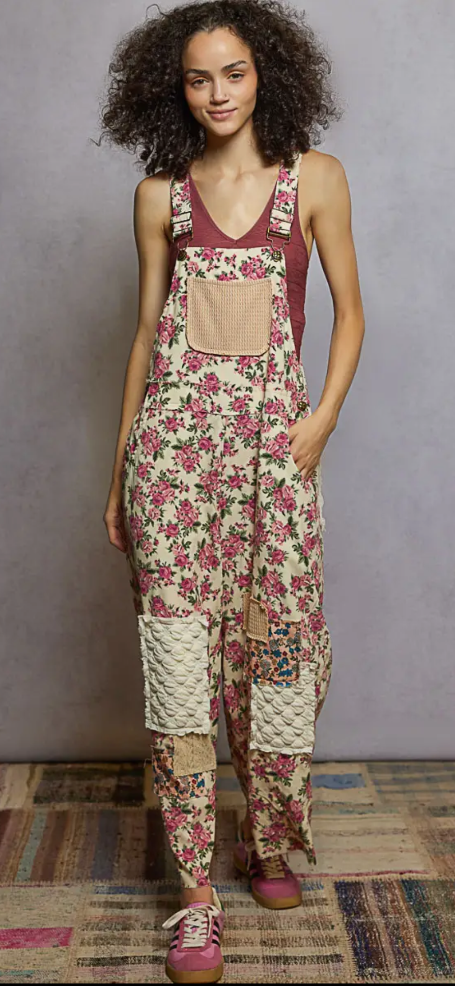 Sleeveless Printed Corduroy Varied Patchwork Overalls-cream