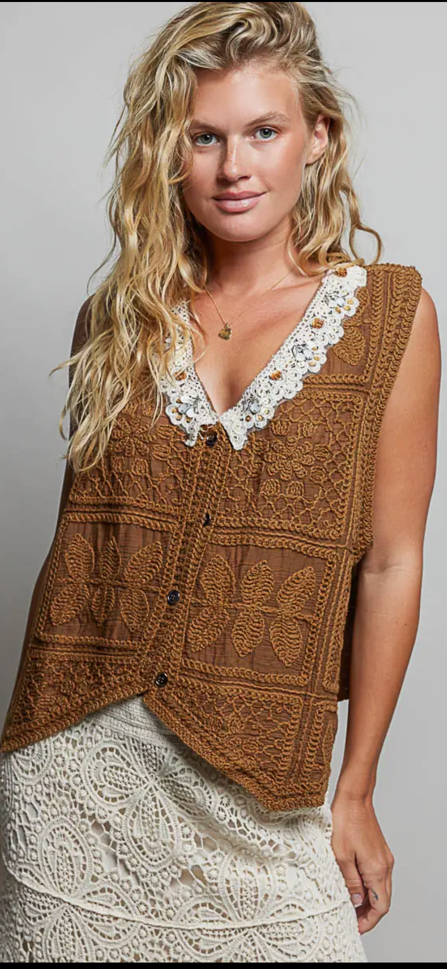 Boho Relaxed Fit Crochet Lace Trim Embellishment Vest