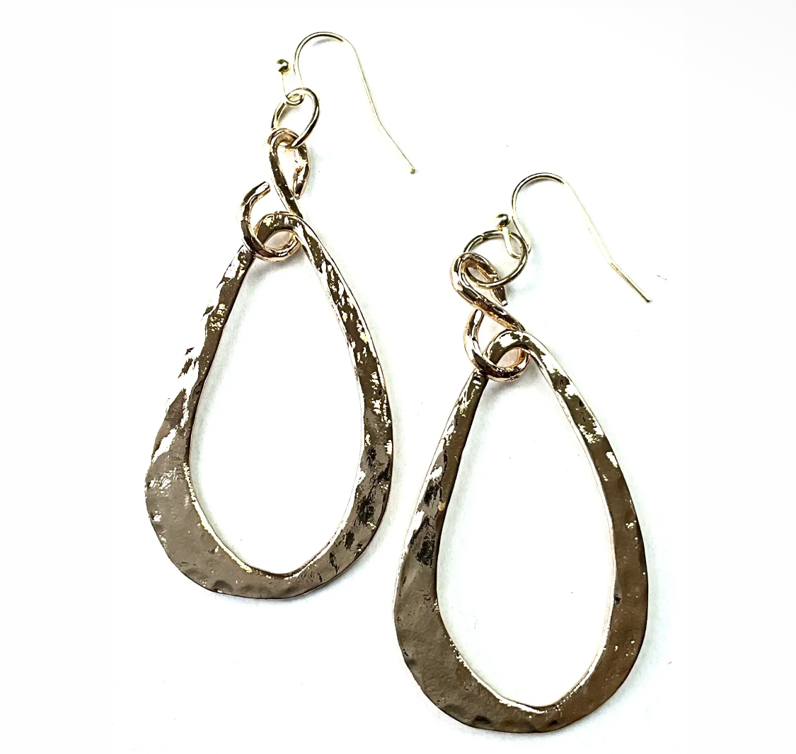 Gold Hammered Oval Teardrop Earrings
