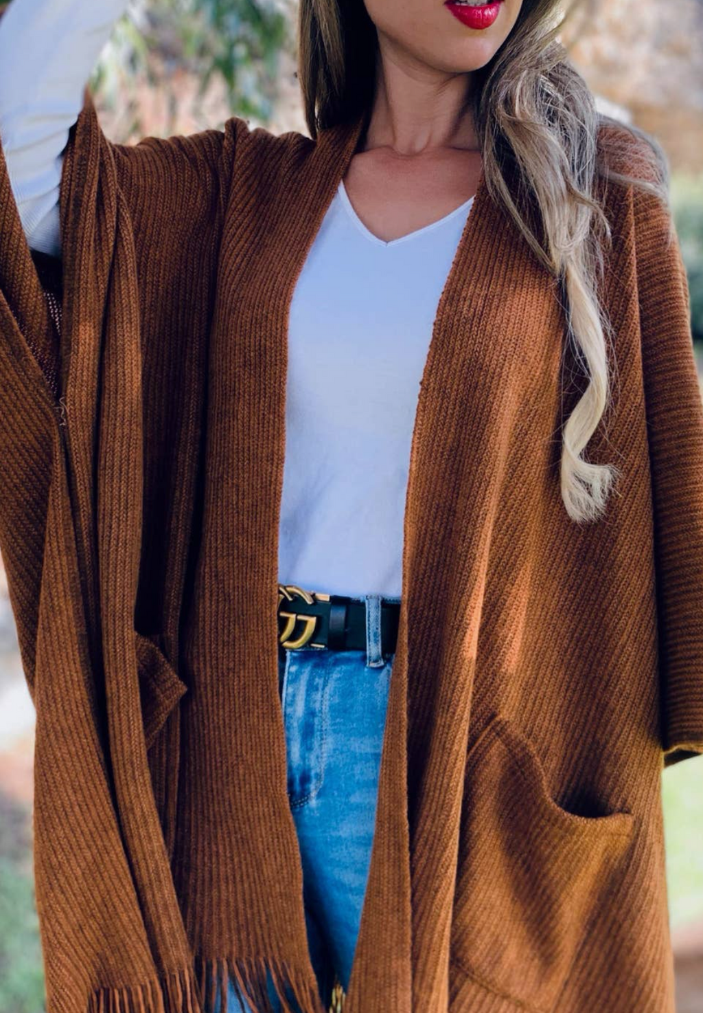 Soft Knit Pocket Ruana Cardigan- camel