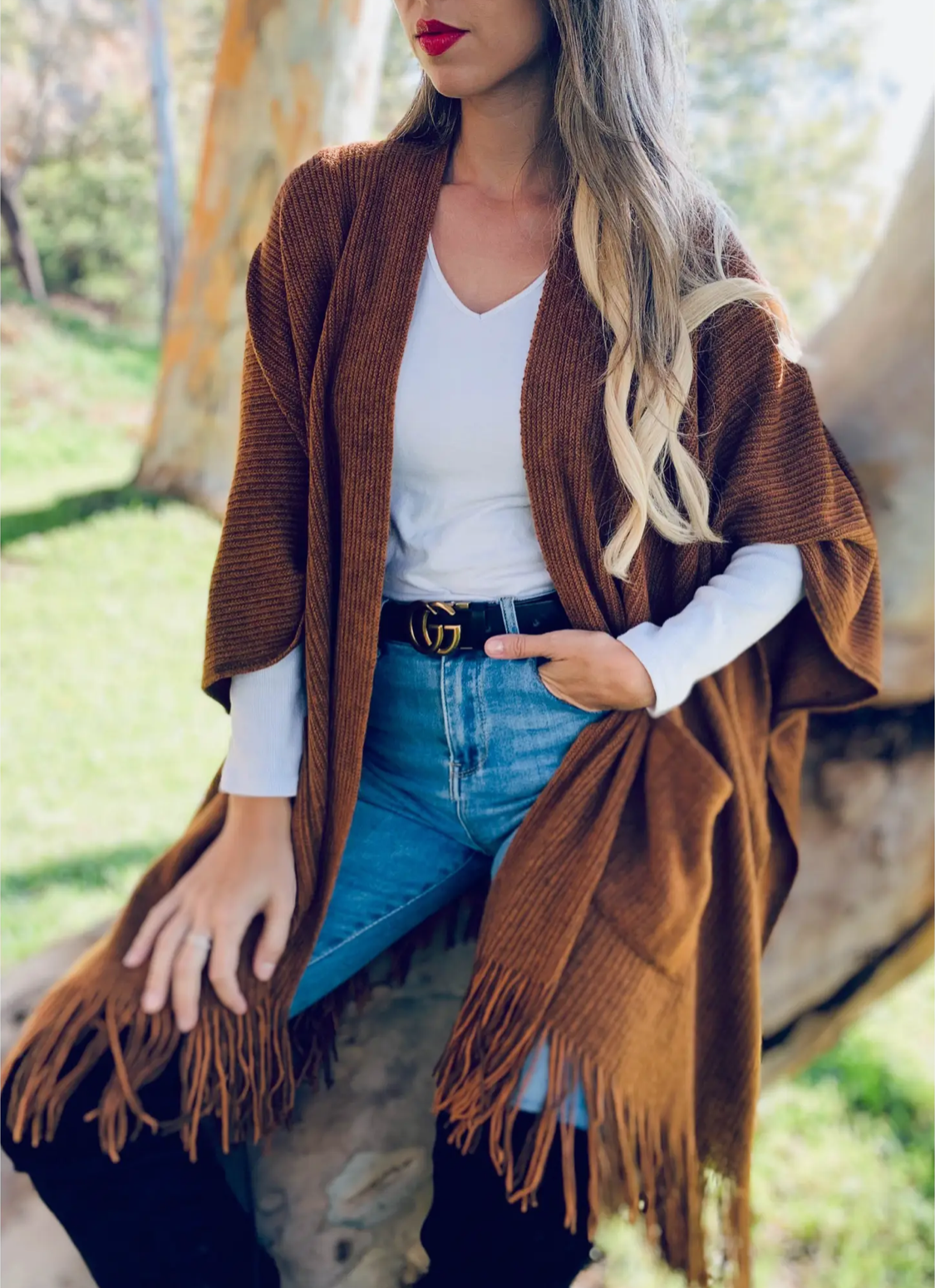 Soft Knit Pocket Ruana Cardigan- camel