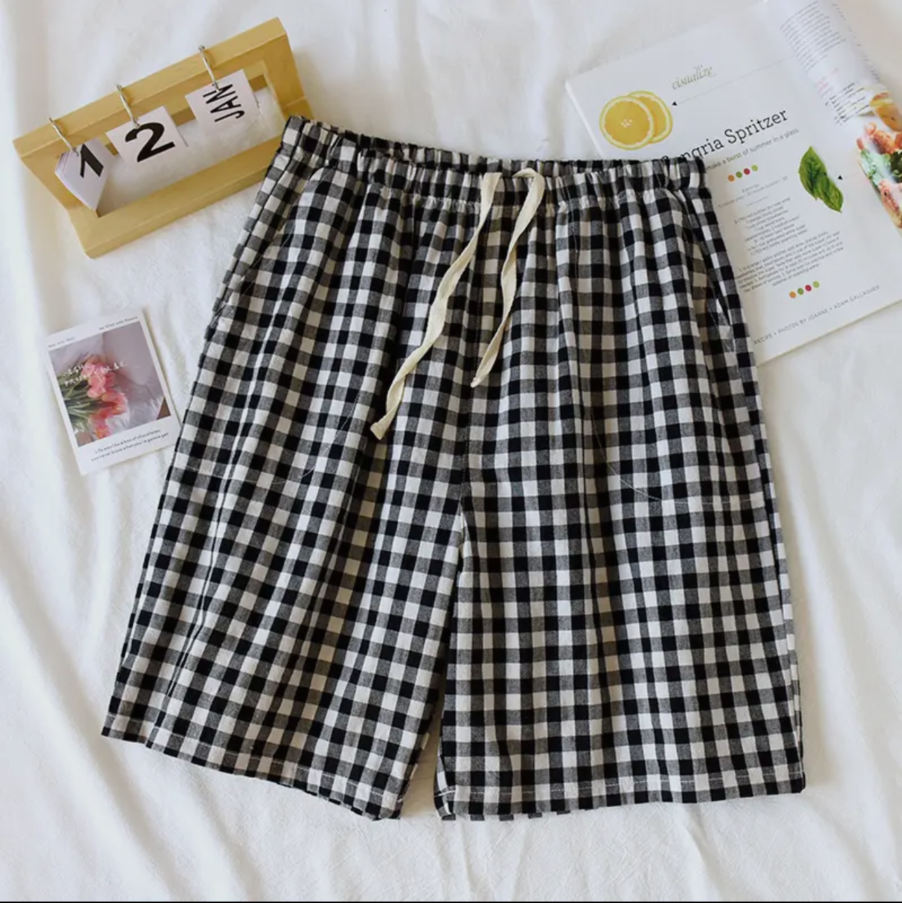 Soft Cozy Easy Gingham Short Cotton Daily Lounge Short Black -White