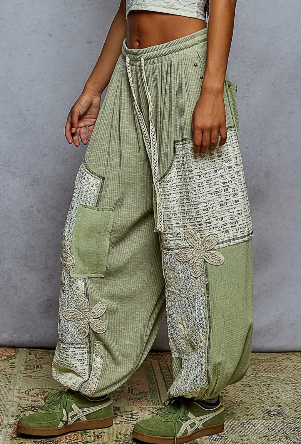 Solid Pattern Patch Detail Rib Knit Jogger Pants- Sage