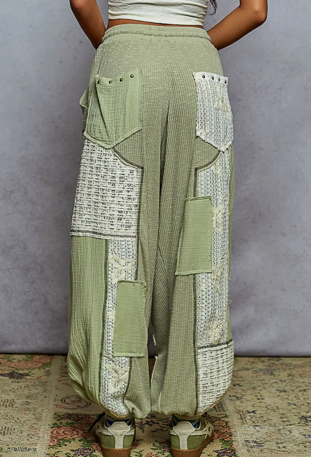 Solid Pattern Patch Detail Rib Knit Jogger Pants- Sage