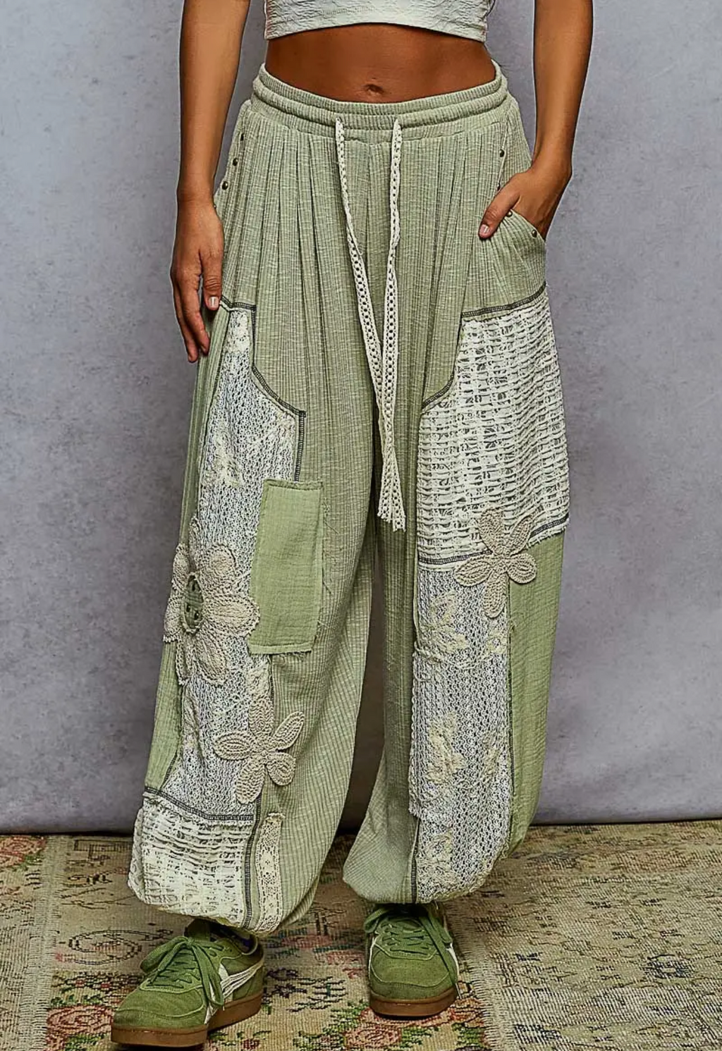 Solid Pattern Patch Detail Rib Knit Jogger Pants- Sage