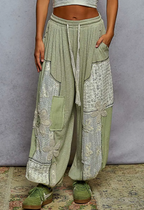 Solid Pattern Patch Detail Rib Knit Jogger Pants- Sage