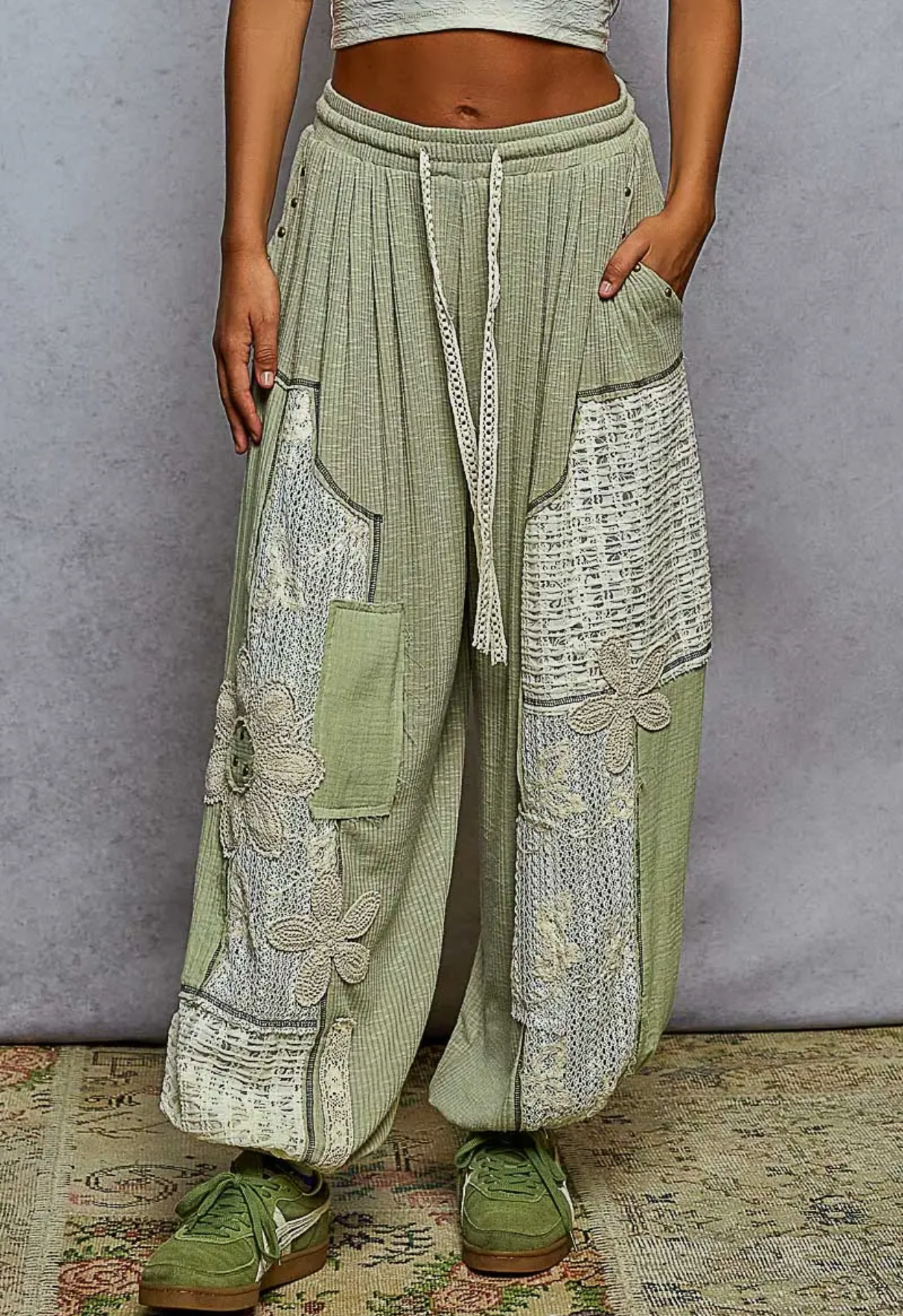 Solid Pattern Patch Detail Rib Knit Jogger Pants- Sage