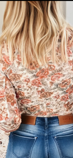 Spring Retro Floral Mock Neck Mesh Long Sleeve Top