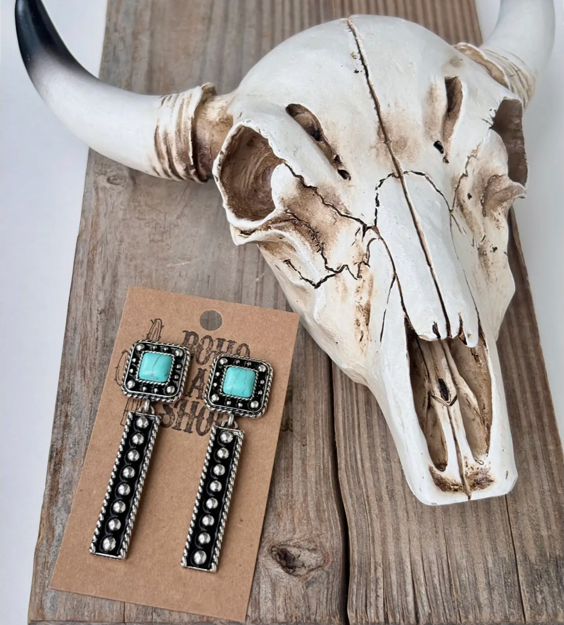 Western Turquoise Square Concho and Bar Post Drop Earrings