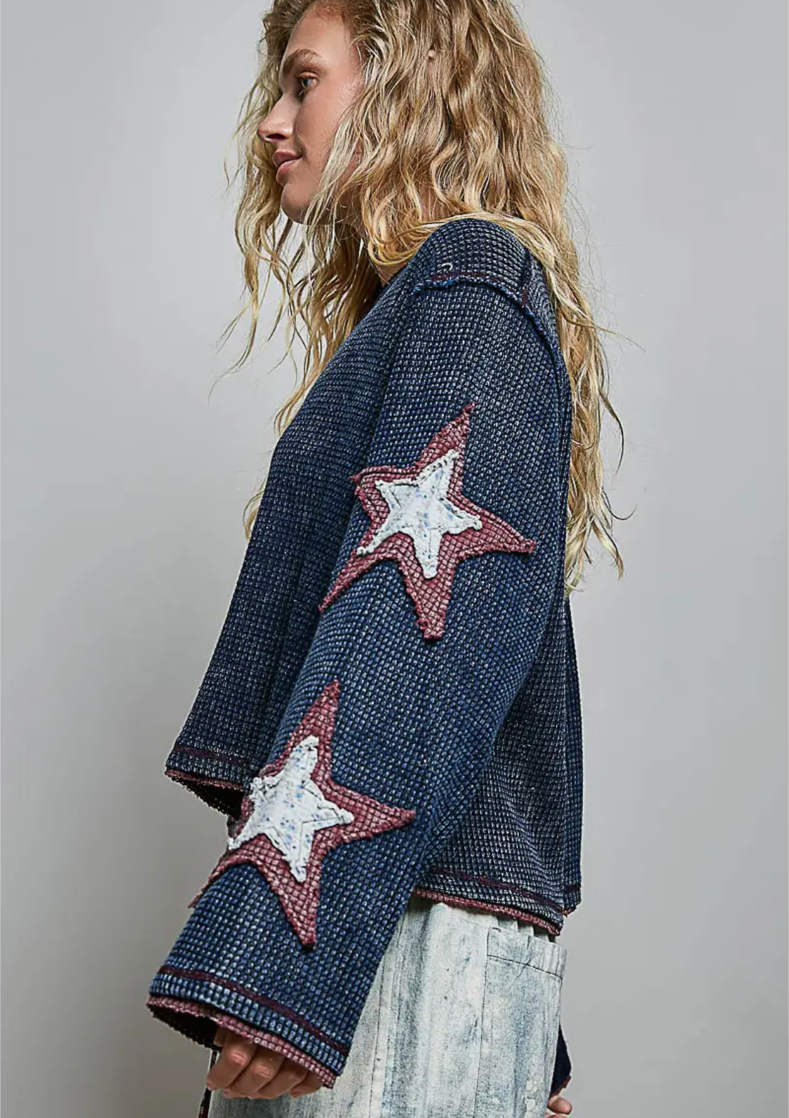 Double Gauze Color Blocked Star Patch Solid Thermal Knit Top-indigo