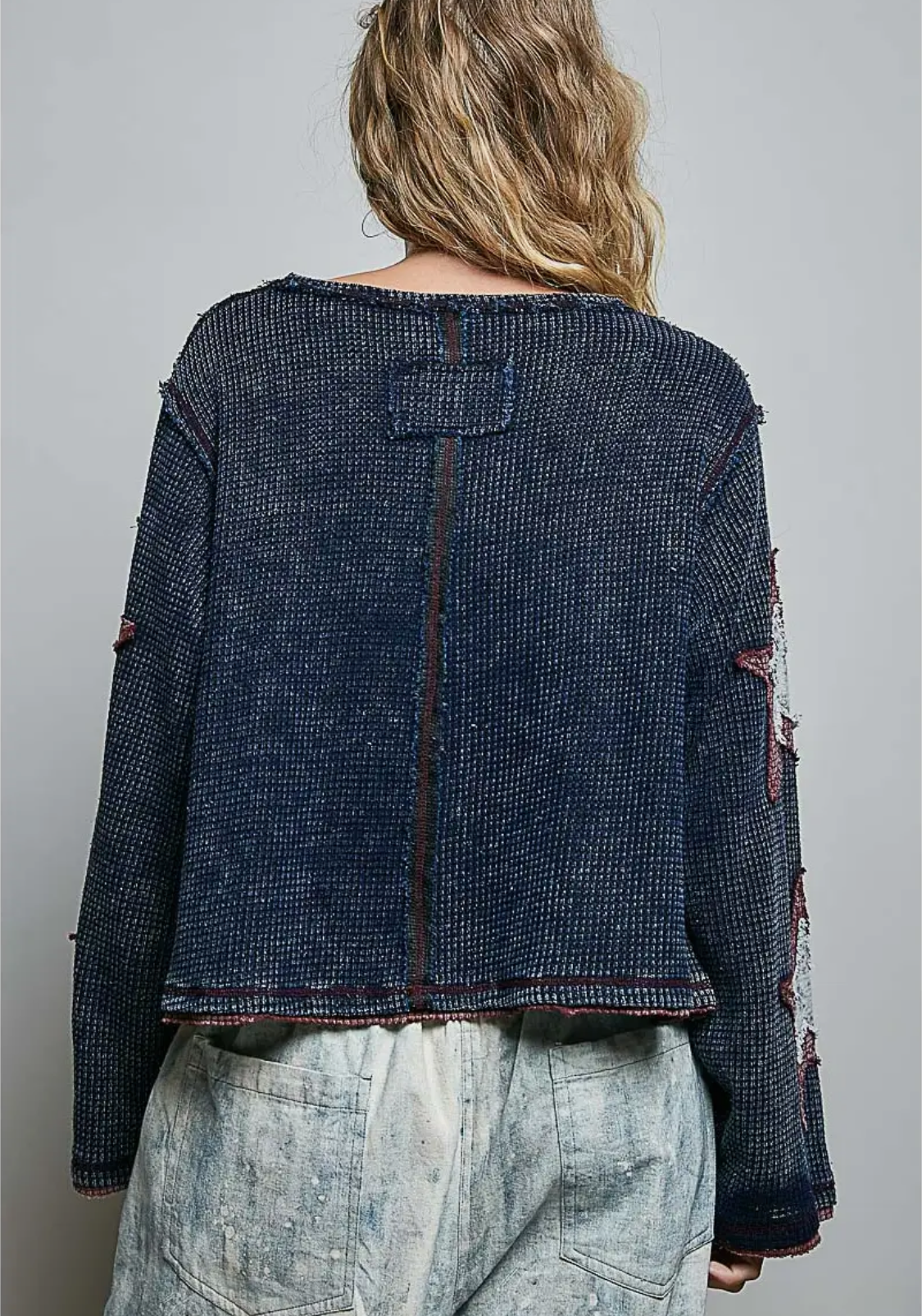 Double Gauze Color Blocked Star Patch Solid Thermal Knit Top-indigo