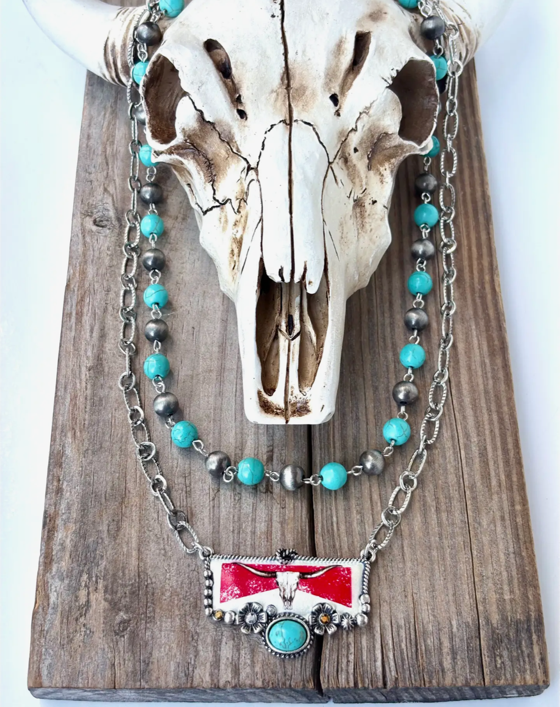 2 Layered Navajo Pearl Turquoise Stone Pendant Necklace-Steerhead