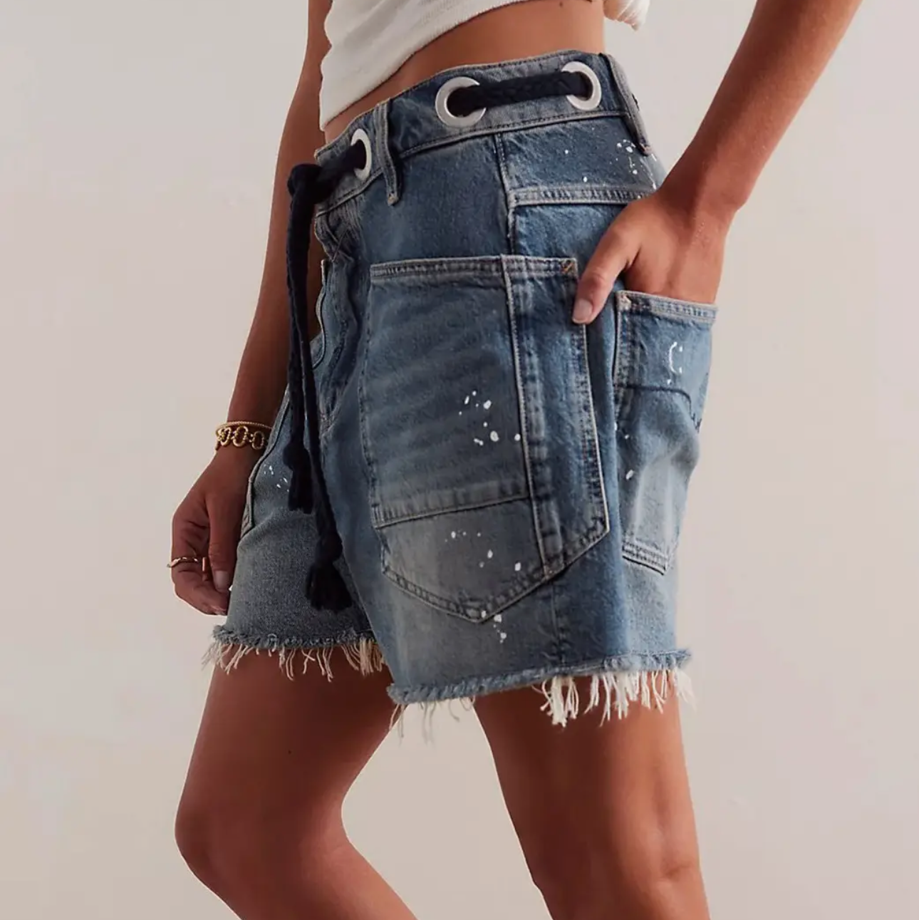 Street Style Drawstring Pocket Denim Casual Shorts