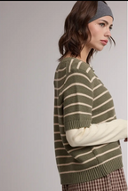 Stripe Short Sleeve Sweater Cardigan Olive/Taupe