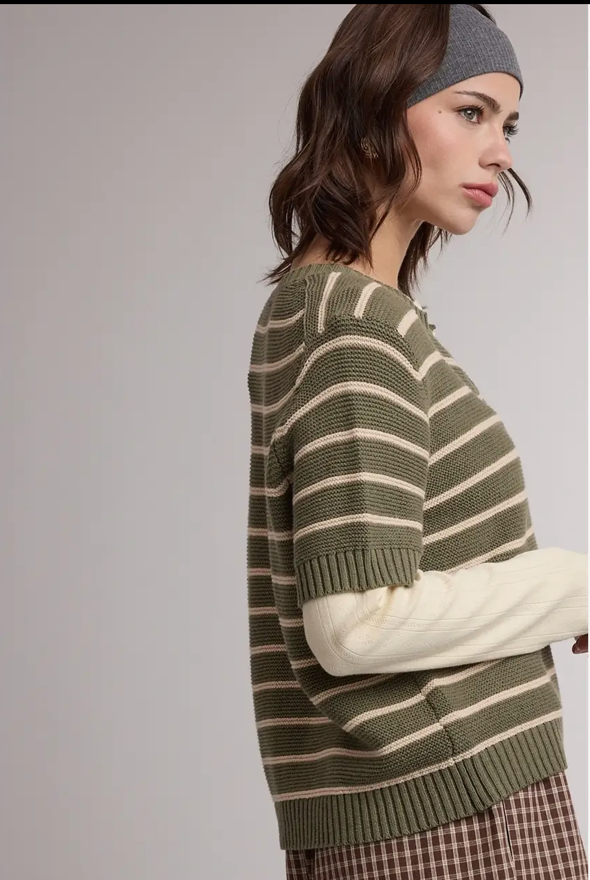 Stripe Short Sleeve Sweater Cardigan Olive/Taupe