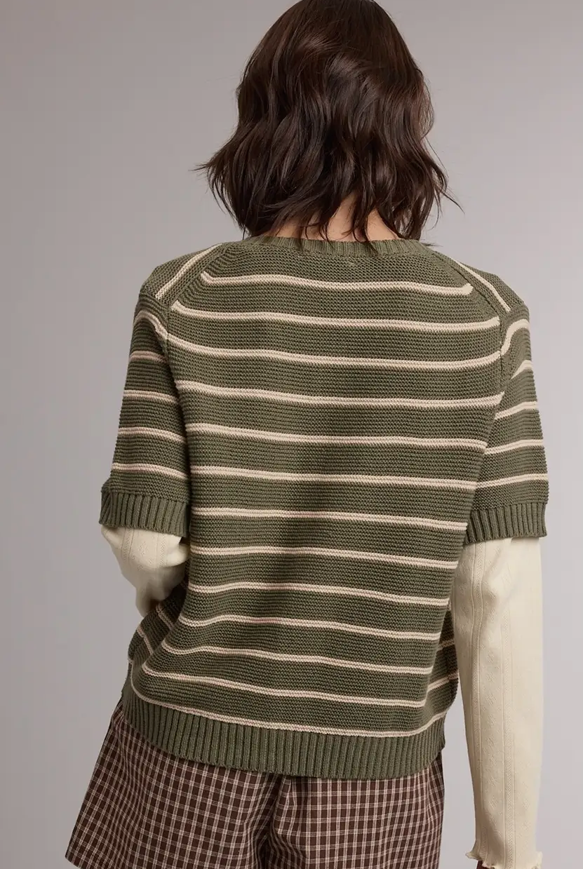Stripe Short Sleeve Sweater Cardigan Olive/Taupe