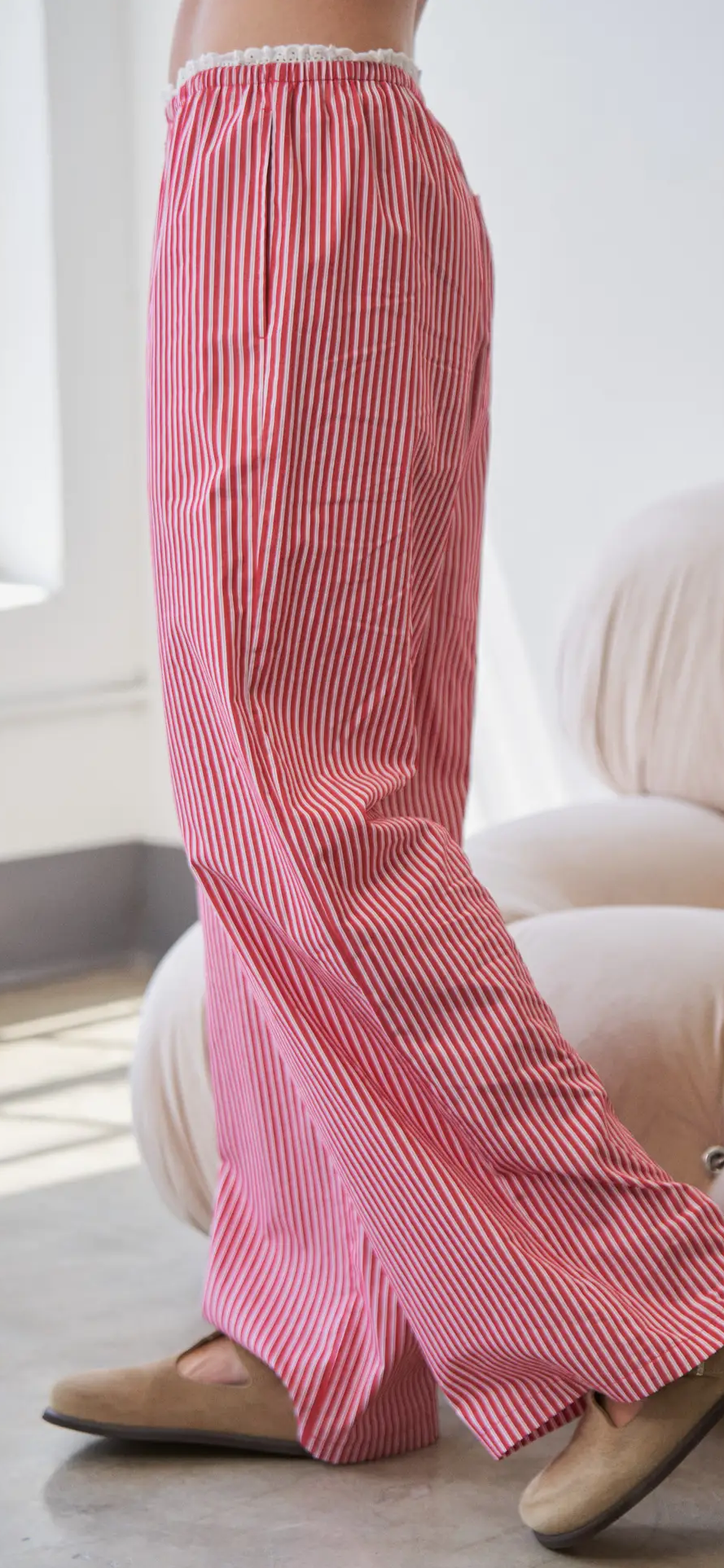 Striped Wide Leg Lounge Pants With Lace Trim