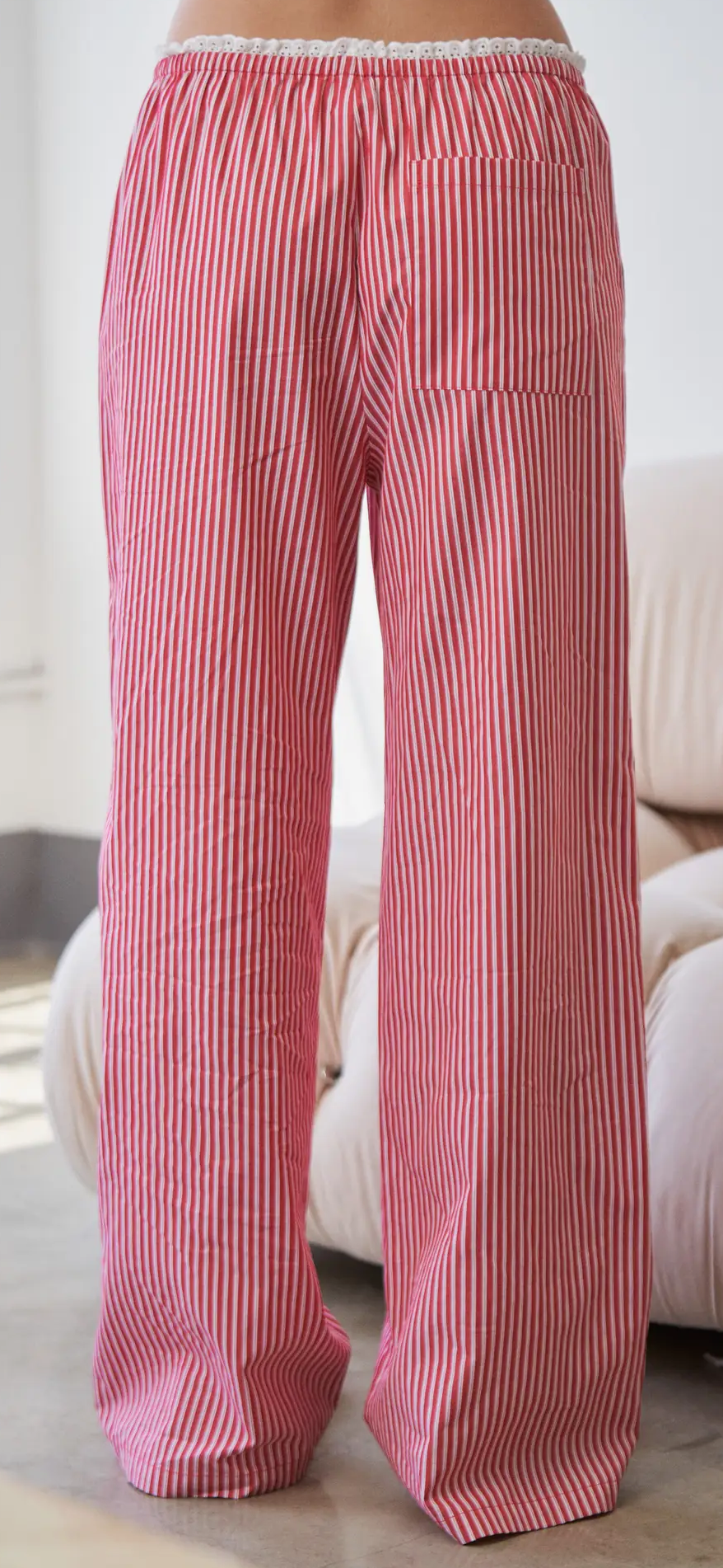 Striped Wide Leg Lounge Pants With Lace Trim