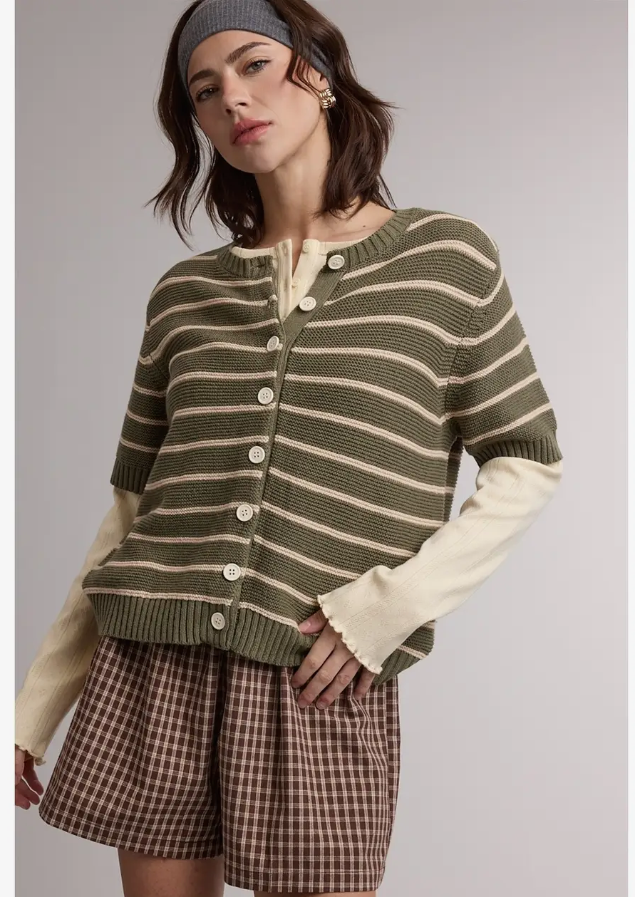 Stripe Short Sleeve Sweater Cardigan Olive/Taupe