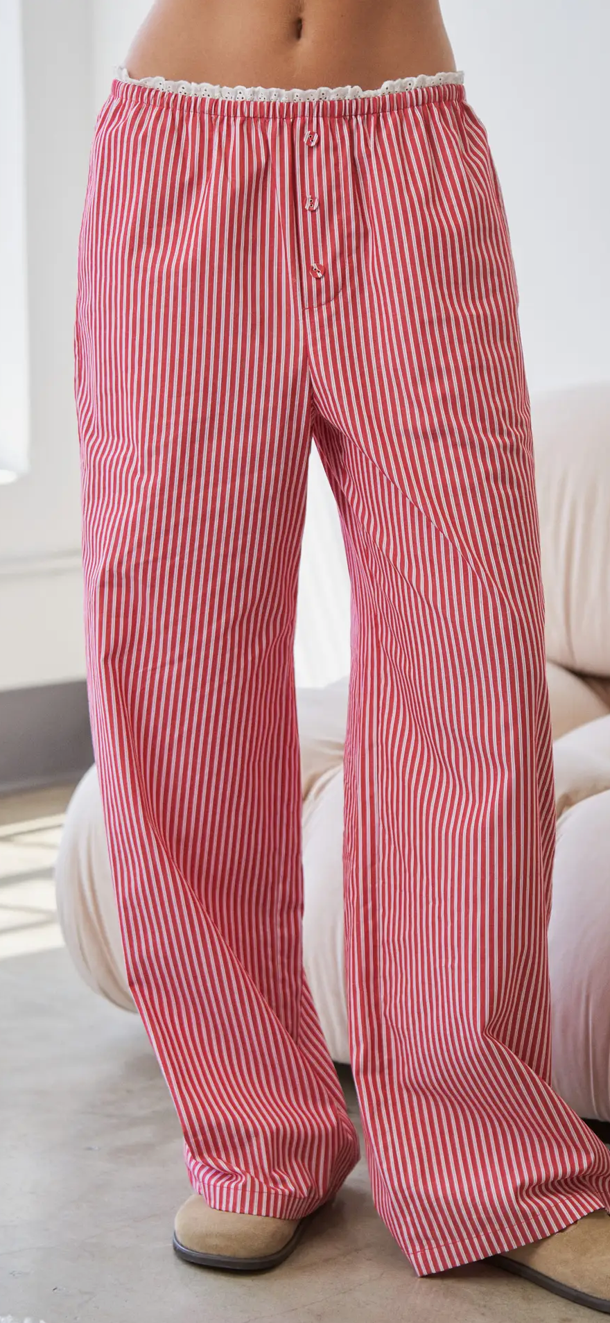 Striped Wide Leg Lounge Pants With Lace Trim