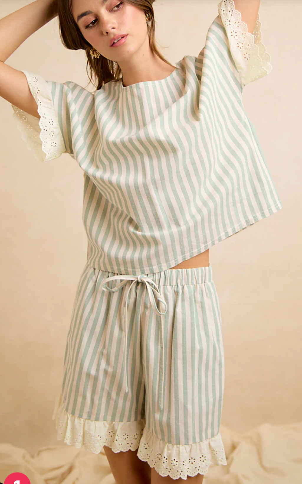 Stripes and Eyelet Lace Ruffled Detail Top and Short Set-Eucalyptus