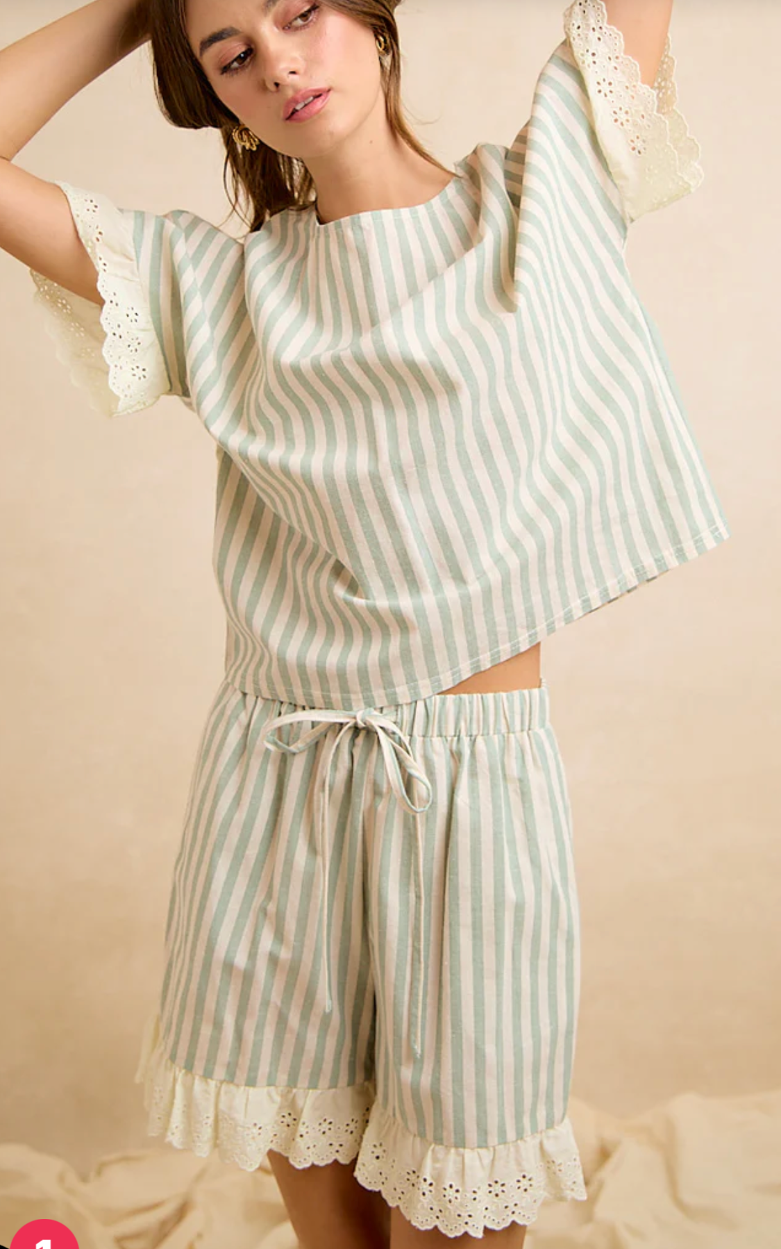 Stripes and Eyelet Lace Ruffled Detail Top and Short Set-Eucalyptus