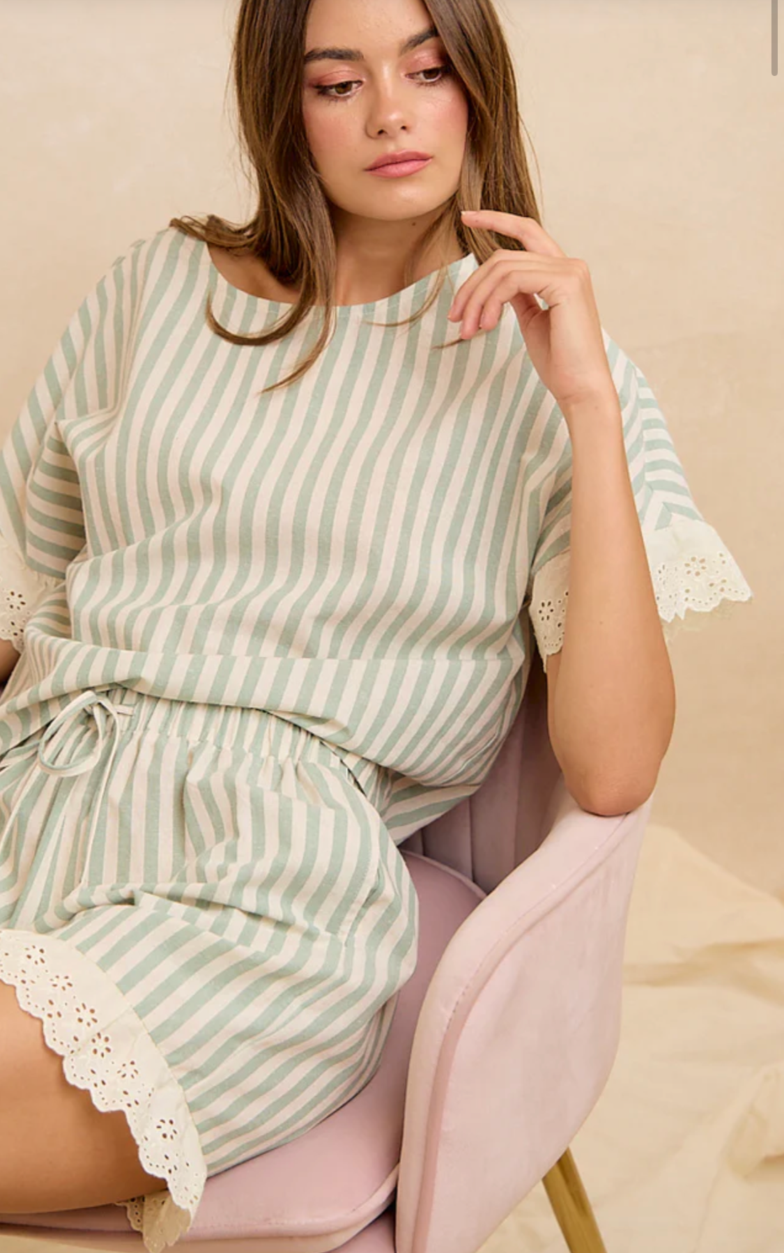 Stripes and Eyelet Lace Ruffled Detail Top and Short Set-Eucalyptus