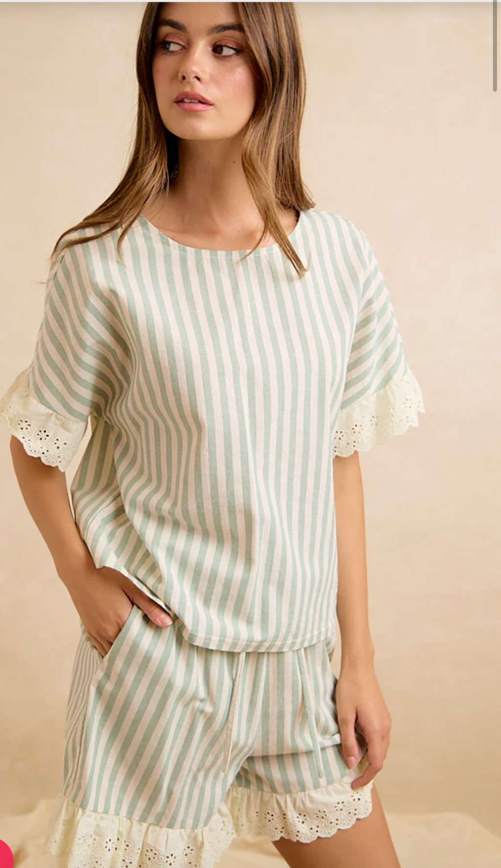 Stripes and Eyelet Lace Ruffled Detail Top and Short Set-Eucalyptus