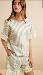 Stripes and Eyelet Lace Ruffled Detail Top and Short Set-Eucalyptus