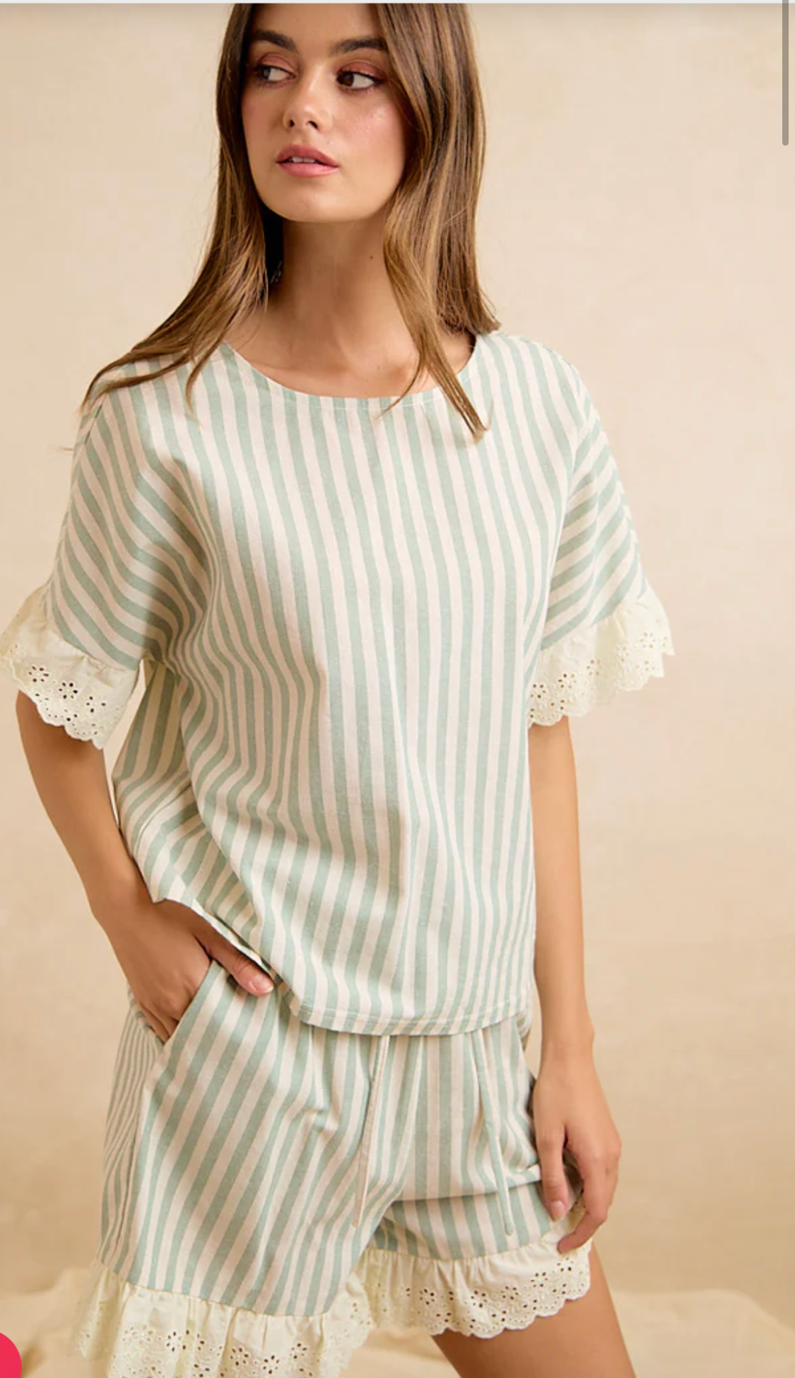 Stripes and Eyelet Lace Ruffled Detail Top and Short Set-Eucalyptus
