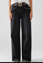 Studded Straight Denim Jeans-washed black
