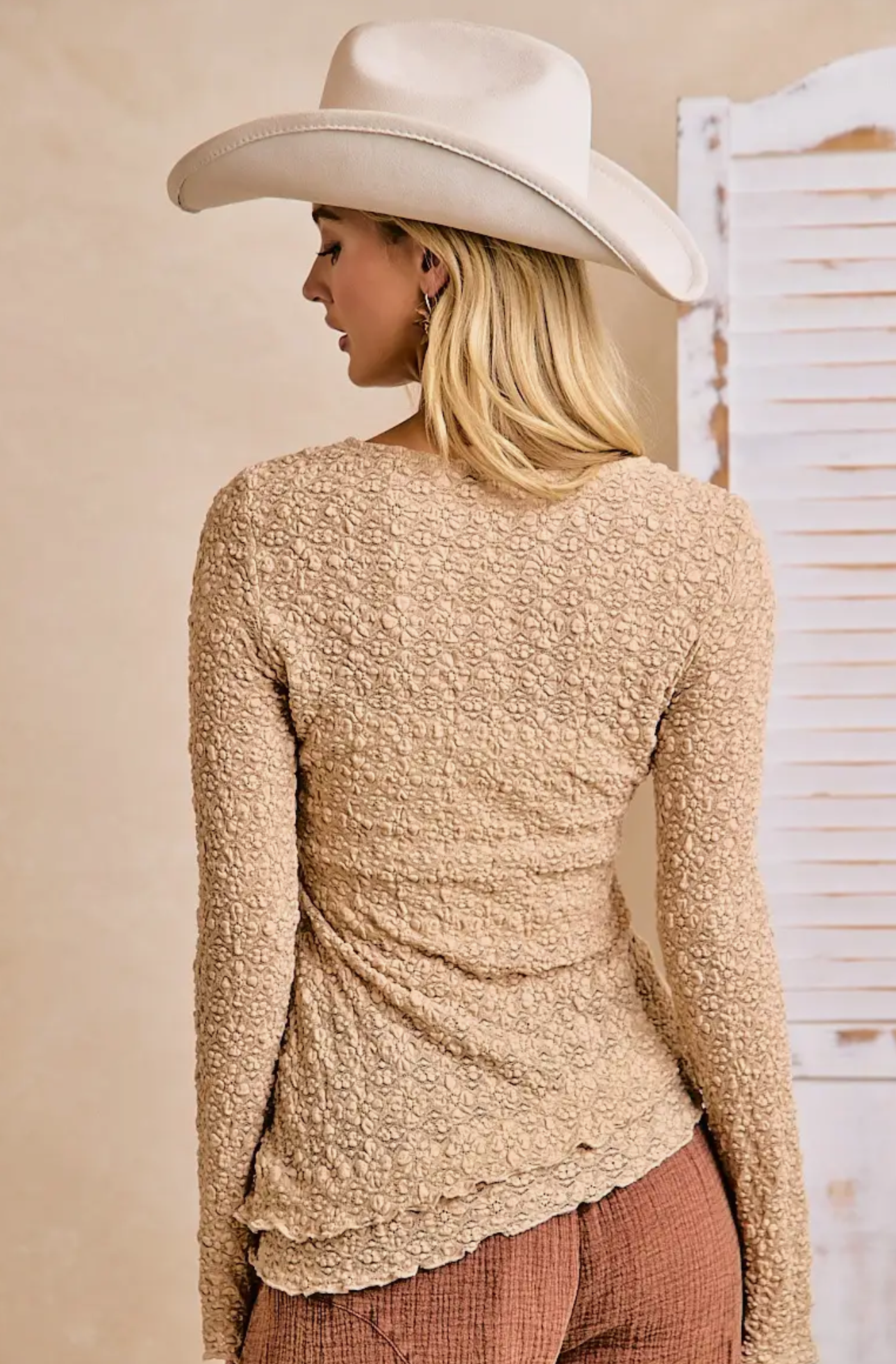 Textured Lace Knit Diagonal Hemline Bell Sleeves Top-tan