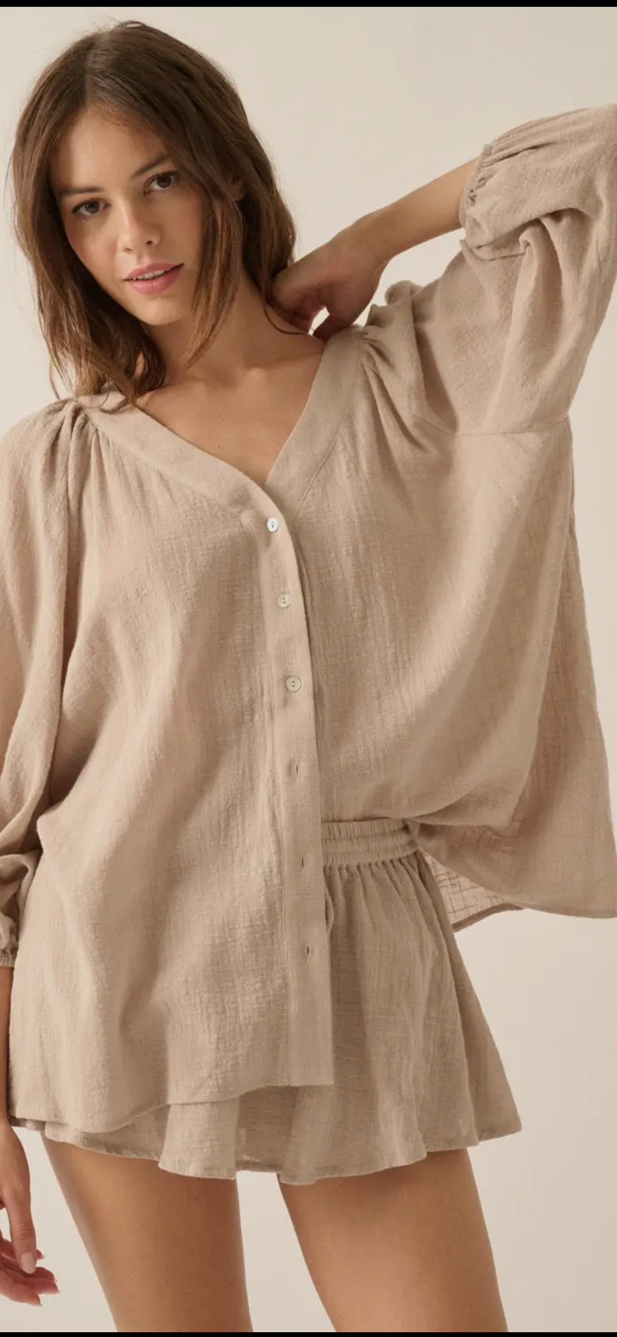 Textured Button-Front Three Quarter Sleeve Top