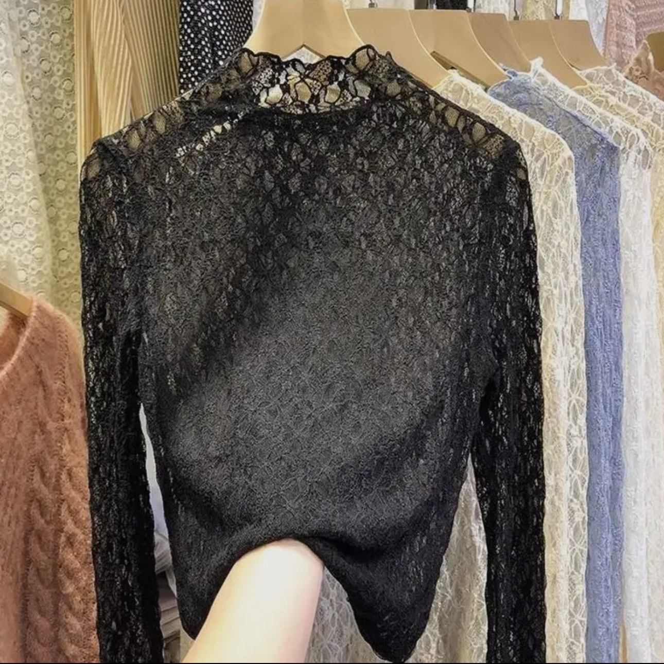 Textured Floral Lace Sheer Mesh See Through Layering Top Black