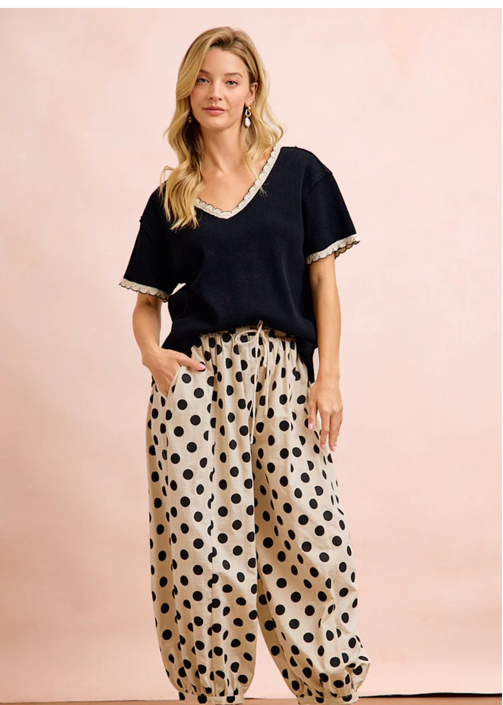 Thermal Knit V Neck Short Sleeve Top with Crochet Trim Detail