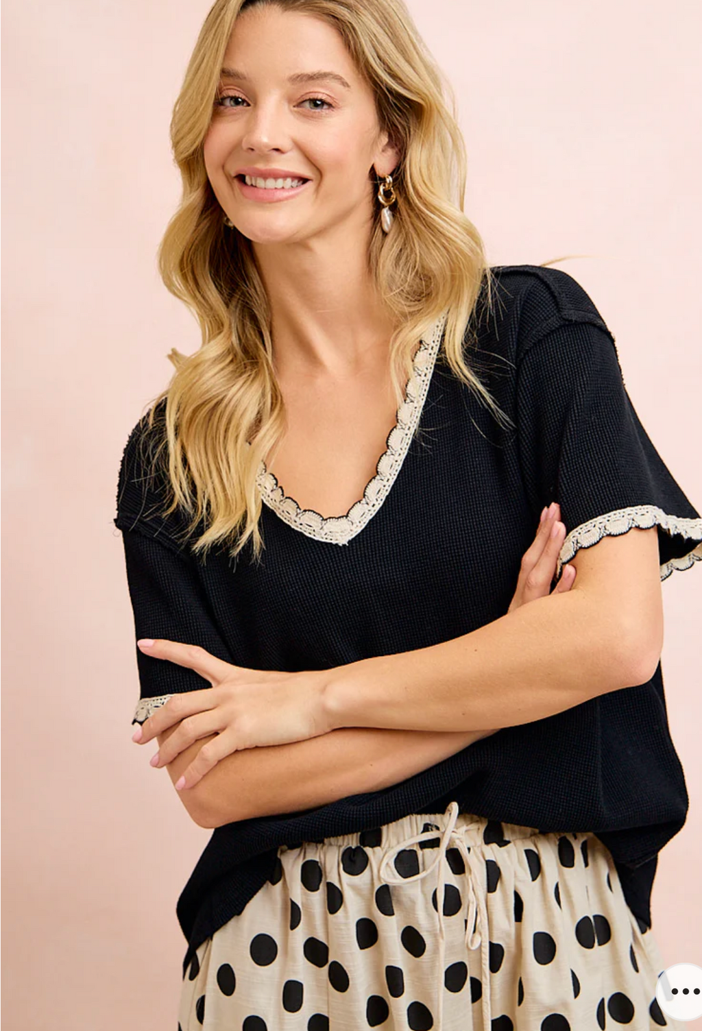 Thermal Knit V Neck Short Sleeve Top with Crochet Trim Detail