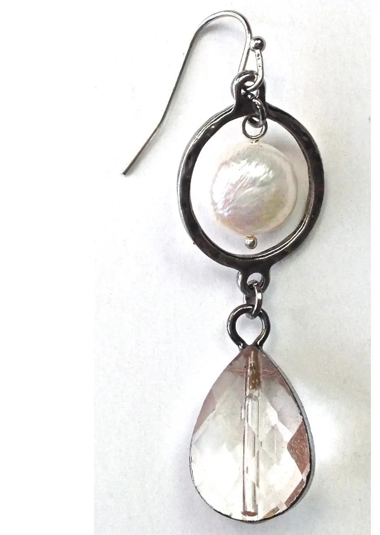 Earrings-Ring with Coin Pearl & Edged Glass Drop
