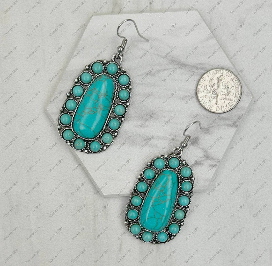 Silver Metal with Blue Turquoise Stone Beads Oval Earrings