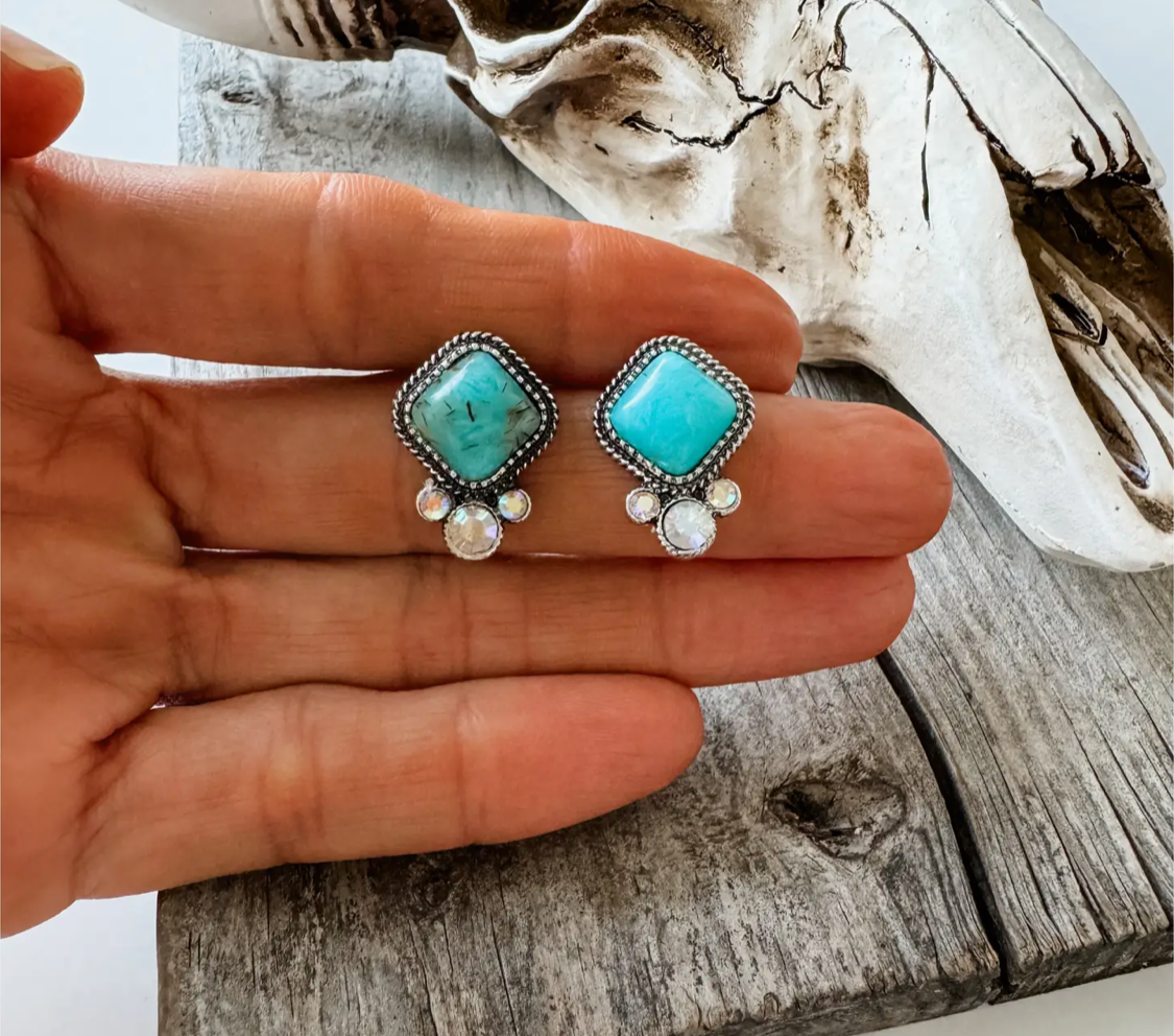 Western Diamond Shape Stone Stud Earrings- Turquoise