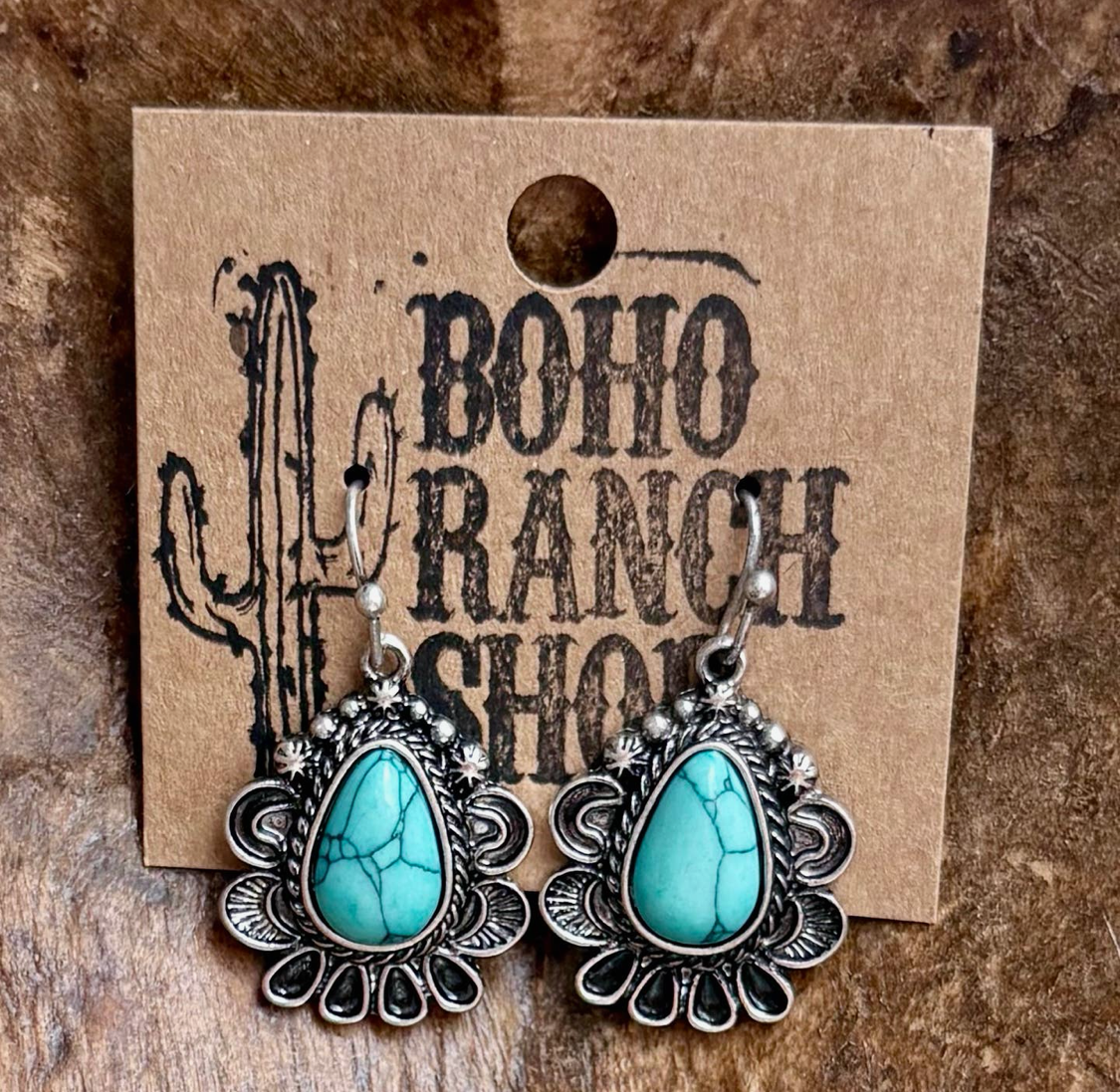 Western Teardrop Concho Turquoise Stone Dangle Earrings