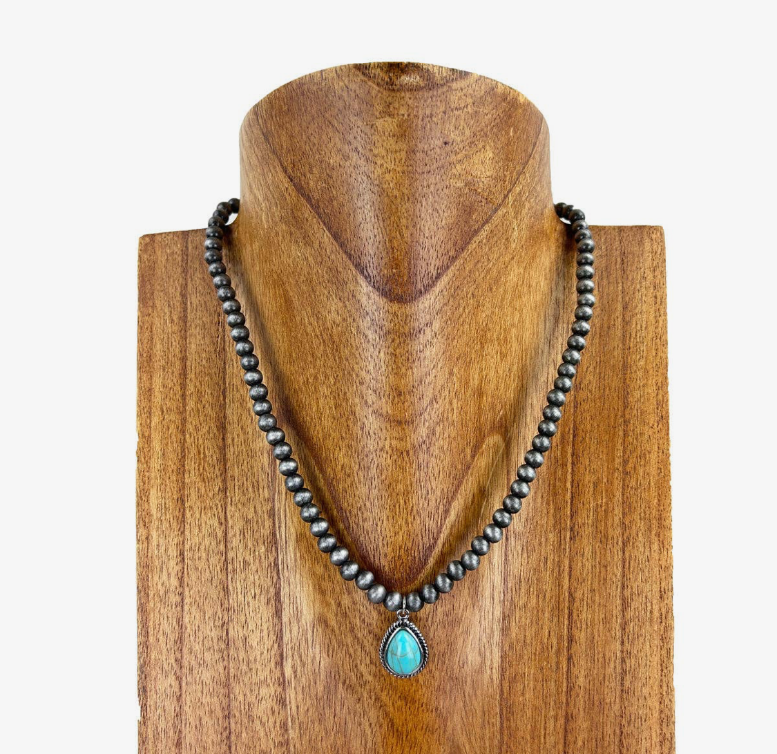 17" Navajo Pearl Necklace with Blue Tear Drop Turquoise Pendent