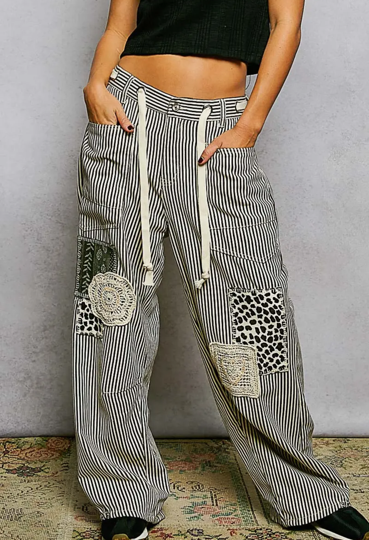 Twill Denim Patchwork Straight Pants