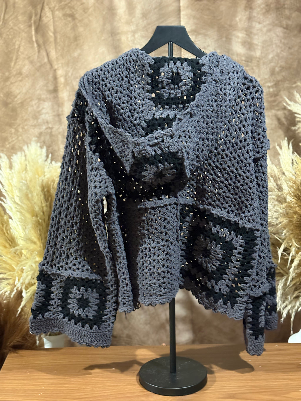 Hand Knit Square Hooded Button Closure Cardigan