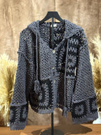 Hand Knit Square Hooded Button Closure Cardigan