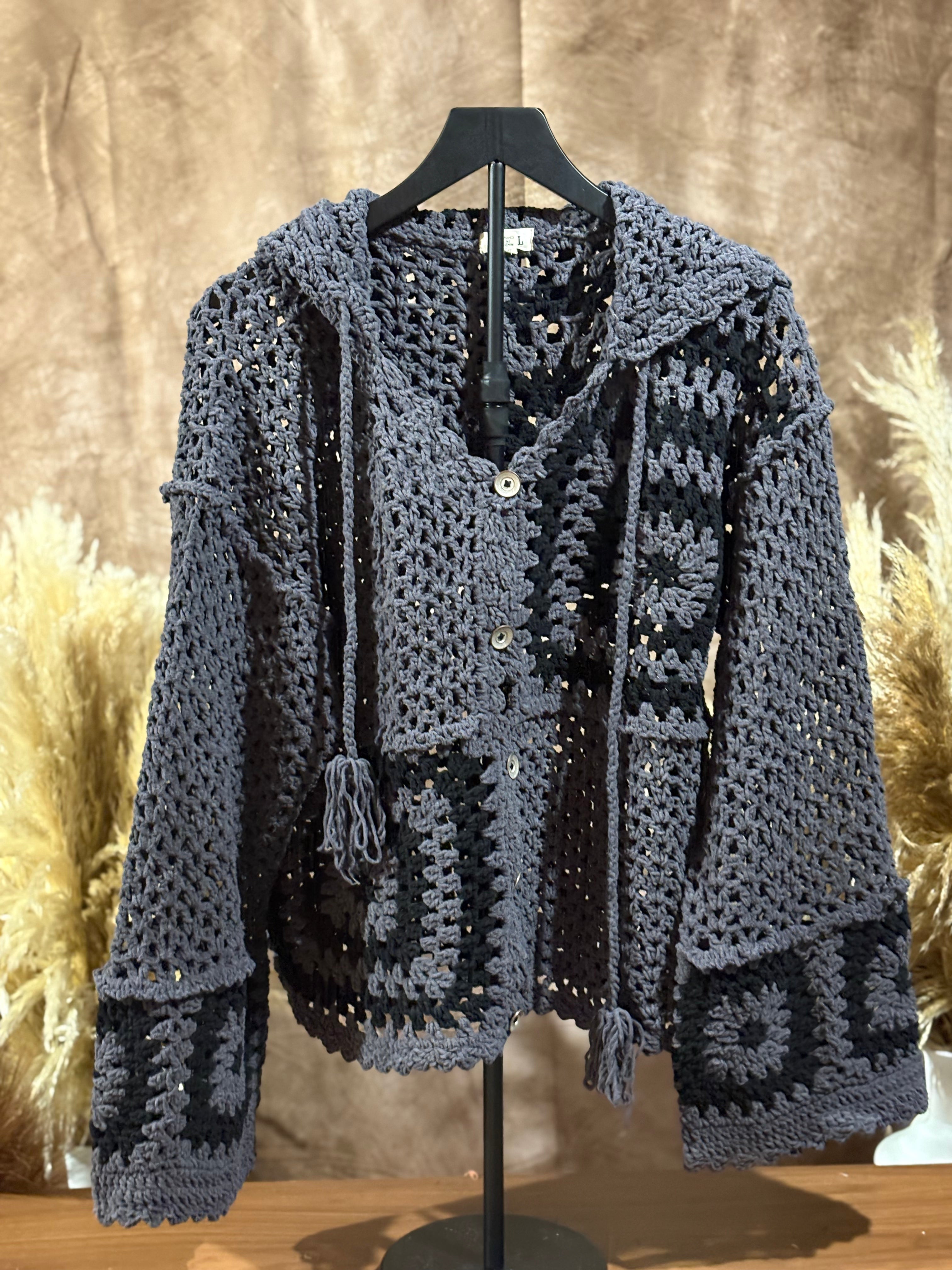 Hand Knit Square Hooded Button Closure Cardigan