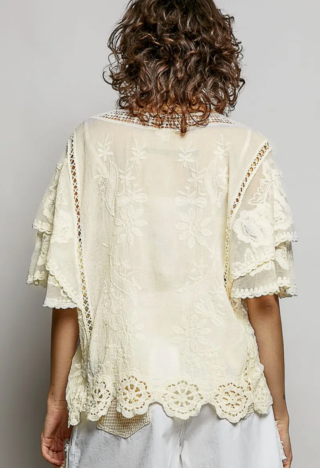 V-Neck Short Sleeve Crochet Trim Solid Top